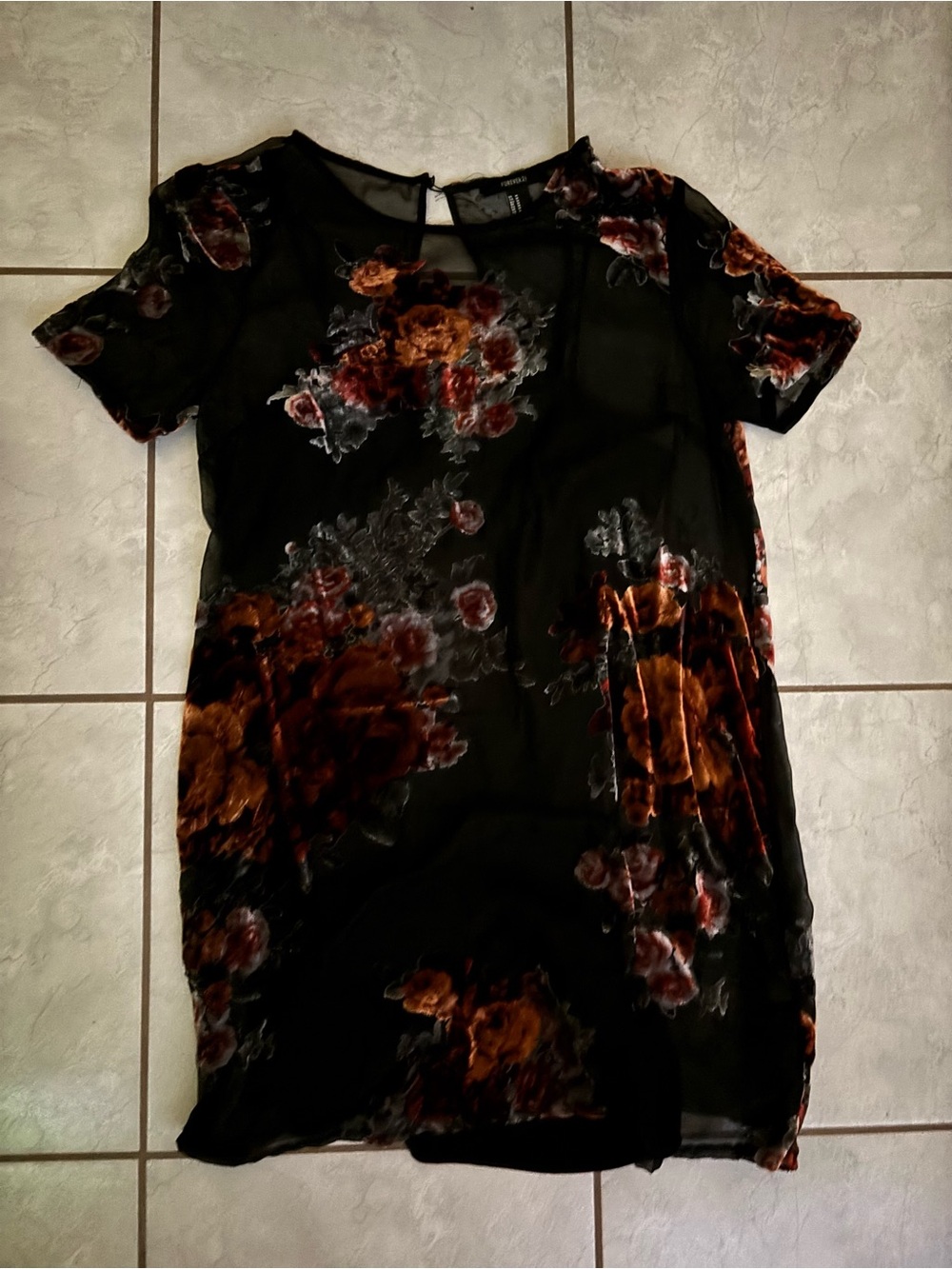 Forever 21 Black Sheer Dress with Rust Floral Velvet